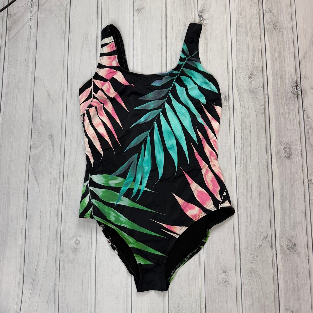 Tropical Leaf Print One Piece Swimsuit Black Green Pink Slimming